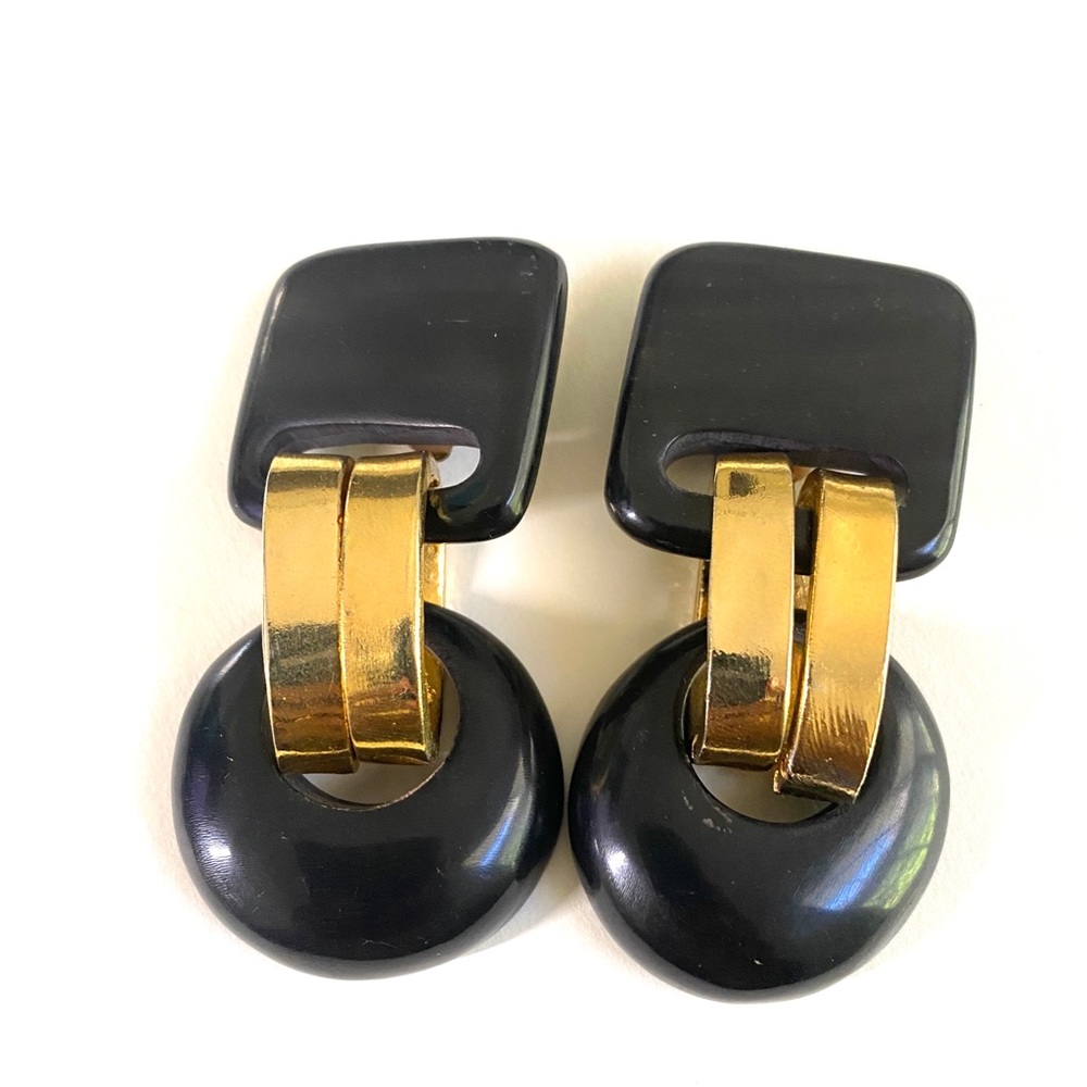 GERDA LYNGGAARD MONIES 80S VTG HEAVY EBONY HORN 3.5" DANGLE HUGE RUNWAY EARRINGS